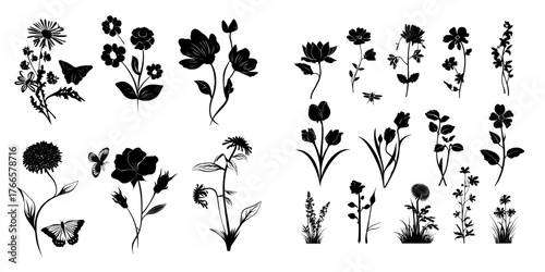 The illustration features a modern arrangement of flowers and insects from a summer garden, isolated on a white background in a flat design