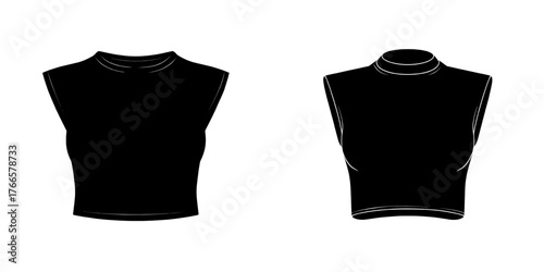 A round neck crew neck sleeveless crop top is showcased in a technical drawing and flat sketch cad mockup for a fashion woman design and style model