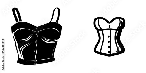 The fashion design features a sleeveless, strapless, buttoned, sweetheart neck, cropped crop top, a bustier style, made of jean denim, shown as a technical drawing template, a flat sketch, cad