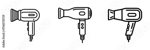 A hair dryer line icon and hair dryer line icons are examples of symbols for a hotel room hairs dryer, a hair dryer icon isolated on white background, and other haircare icons like a hair dryer icon