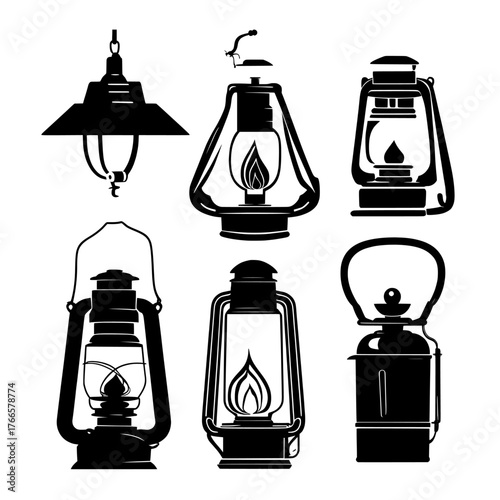 The modern set includes antique old oil lamps and kerosene or gas camp lanterns, designed with isolated flames for vintage garden and camping use