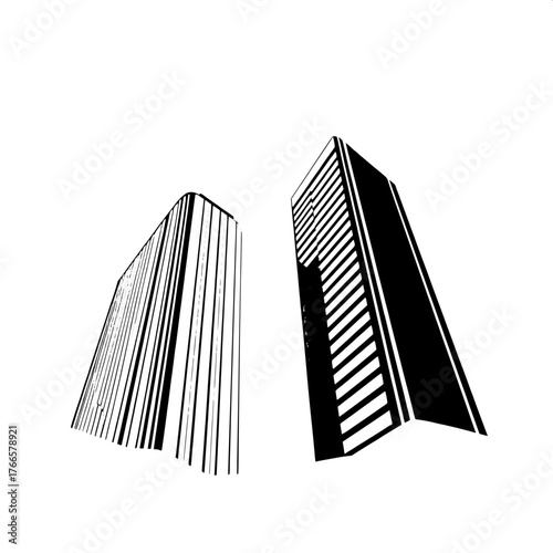 Geometric Urban Illustration

Geometric urban illustration in black and white, two stylized skyscrapers rendered with bold lines and solid fills, focus on contrast, shape, and proportion, slight upwar