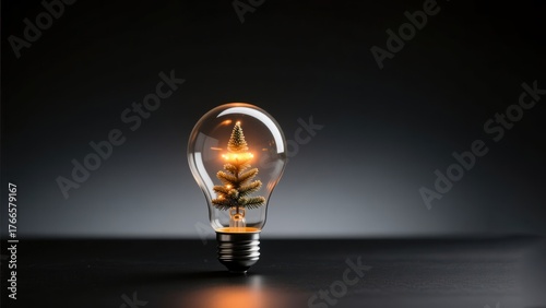 Warm glowing light bulb with tiny tree inside symbolizing christmas and new year creativity and cozy ideas