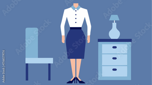A chic office wear combination of a fitted pencil skirt and a crisp buttondown shirt showcased with tasteful office furniture in the background.