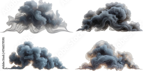 realistic smoke cloud eps vector set, dark fog mist effect, editable haze swirl design element