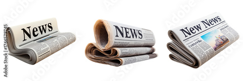 Set of Rolled business newspaper on white background, isolated mock-up, concept of daily news on transparent png background. Ai generated