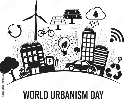 Vector art of world urbanism day illustration with renewable energy
