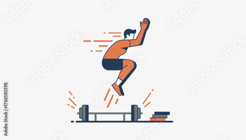 Athletic man performing a plyometric box jump over a barbell, showcasing explosive power, strength training, intense workout and dynamic gym performance for fitness and sports lifestyle