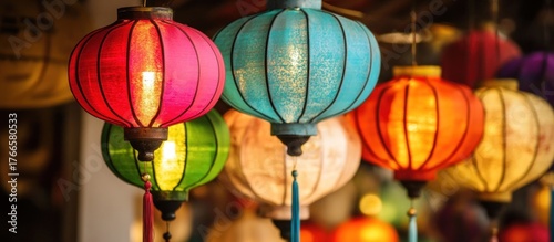 Colorful Asian lanterns hanging in a market