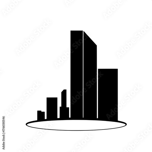 Stylized City Silhouette

Simplified city silhouette featuring two contrasting skyscrapers, bold black shapes against white, vertical and square motifs, resting on a circular platform, graphic and mod