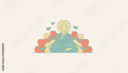 Person meditating in a zen posture, surrounded by blooming heart shaped flowers and serene birds, representing love, mindfulness, and spiritual well being