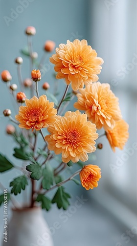 Close Up Of Golden Yellow Chrysanthemum Flowers With Green Leaves In A Vase Soft Blue Background And Natural Light