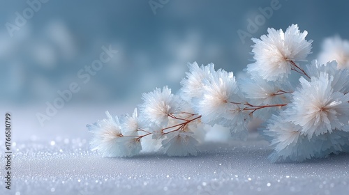 Close Up Macro View Of Delicate Ice Crystals Forming On A Branch With A Soft Blue Blurred Winter Background And Sparkling Snowflakes