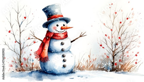 Cute christmas snowman with button eyes and carrot nose wearing a stylish top hat and cozy scarf, bringing cheerful, hand painted watercolor holiday scene, sticker concept home decor and wall art