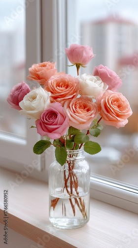 Close Up Photo Of Roses In Shades Of Pink And White In A Clear Glass Bottle On A Windowsill With City Buildings In The Background Soft Natural Light