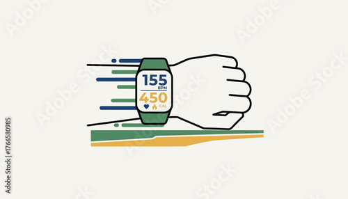 Green smartwatch on forearm showing heart rate, bpm and calories burned, illustrating fitness tracking, wearable health monitoring and activity data for exercise and training routines