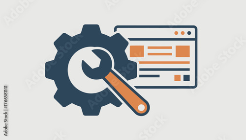 Gear and wrench adjusting a browser window representing web development, website maintenance, online support, and technical settings icon on a light background