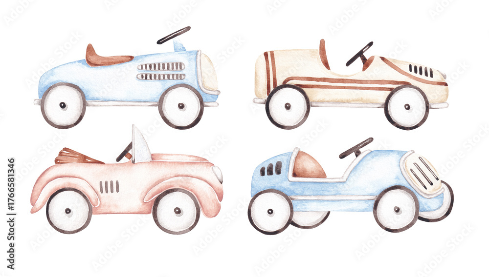 Fototapeta premium Racing cars set hand drawn with watercolor. Retro automobiles clip art. Design elements for card, banner, invitation, logo