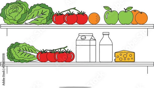 Vector art of a refrigerator shelf with fresh produce