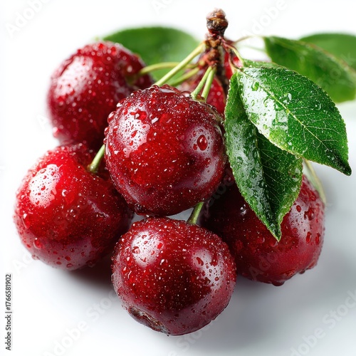 Wallpaper Mural Fresh Red Cherries with Water Droplets and Green Leaves on White Background Torontodigital.ca