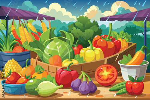 Colorful market scene with fresh fruits and vegetables arranged in crates and baskets under canopies, evoking abundance, health, and outdoor shopping on a rainy day.