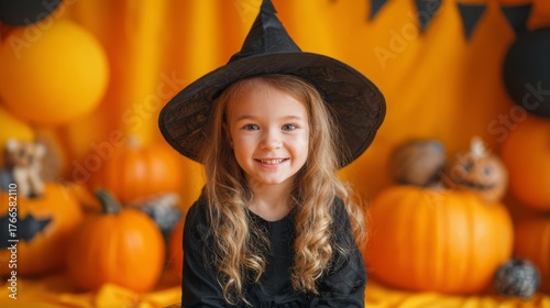 Smiling girl child wearing witch costume for halloween party