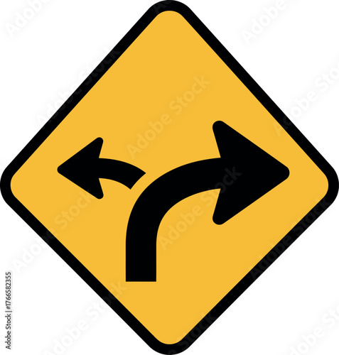 Yellow diamond traffic sign showing curve ahead split direction left right vector