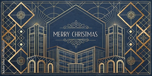Art deco style merry Christmas greeting card with golden geometric patterns and stylized buildings on a dark blue background.