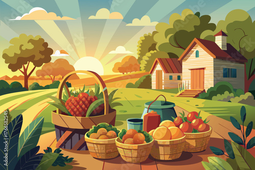 Bright sunrise over a countryside farm with baskets of fruit and vegetables, a cozy wooden cottage, and lush fields, conveying a peaceful, bountiful harvest mood.