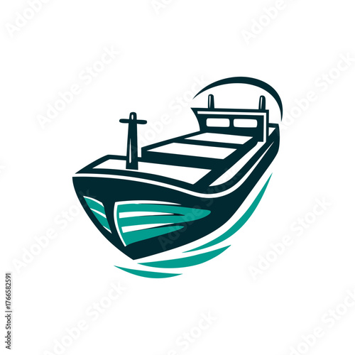 Stylized Cargo Ship Vector Graphic Illustration A solid blue cargo ship sailing across calm ocean waters
