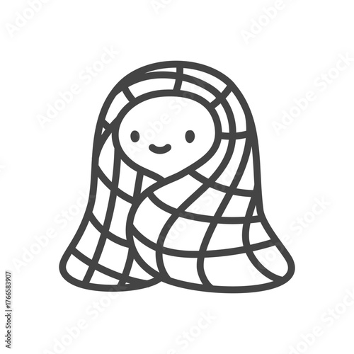 Cute ghost with blanket icon. Funny little spirit wrapped in a plaid blanket, warm halloween style. Monochrome doodle illustration isolated on white background. Kawaii sticker. Vector 10 EPS.