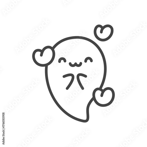 Cute ghost in love icon. Smiling spirit surrounded by little hearts, lovely halloween design. Monochrome doodle illustration isolated on white background. Kawaii sticker. Vector 10 EPS.