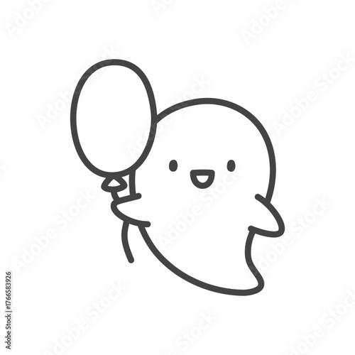 Cute ghost with balloon icon. Funny smiling spirit holding a big balloon, cheerful halloween design. Monochrome doodle illustration isolated on white background. Kawaii sticker. Vector 10 EPS.