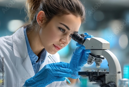 female scientist working in a laboratory with microscopes and test tubes, wearing a white lab coat.