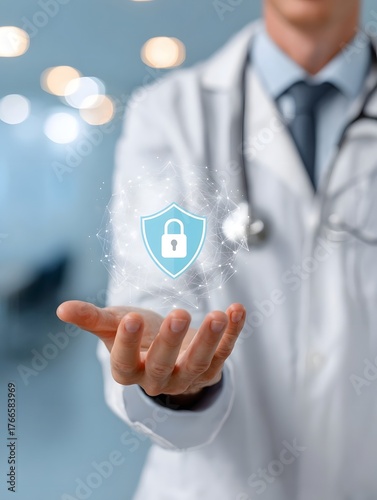 Doctor presenting a glowing shield icon with a padlock symbolizing digital healthcare security and data protection