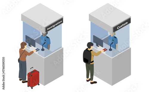 アイソメトリックイラスト：空港入国審査