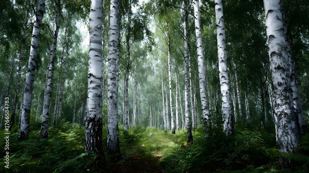 Obraz premium A serene forest path winds through a dense grove of tall birch trees with distinctive white bark and lush green foliage