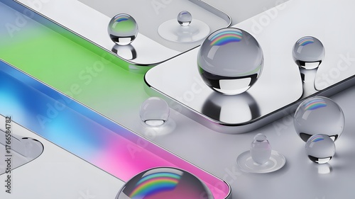 Captivating abstract composition with reflective glass spheres and vibrant gradient light creating a modern, futuristic aesthetic for design.