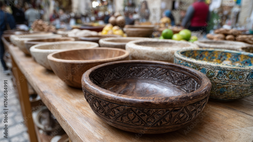 Fototapeta premium A row of intricately carved wooden bowls on a market table.