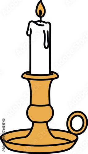 Golden candlestick with dripping white candle flame burning brightly vector