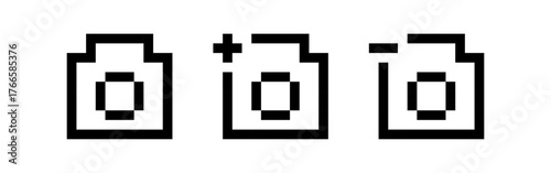 Pixel camera icon variations, pixel camera set, photography icons, black and white, camera symbol, vector illustration.
