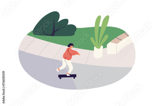 Sports kid is skateboarding on path in green park. Active person skates a board in nature in summer. Teen skater rides, has fun, walks outdoors. Flat isolated vector illustration on white background