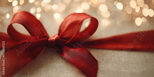 Red ribbon bow decorating present with shimmering bokeh lights in background. Christmas, new year, copy space