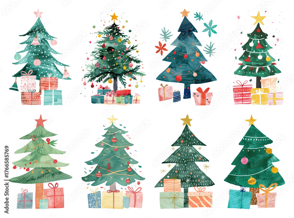 Fototapeta premium PNG Colorful festive Christmas trees illustration, element set on transparent background