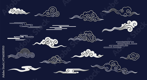 Traditional Asian clouds and stylized vapor elements in white on a dark blue background.