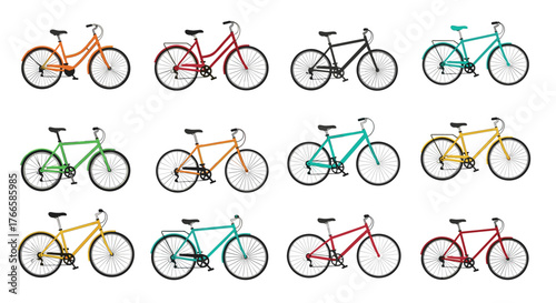 Collection of diverse bicycles in multiple colors arranged in rows against a white background.