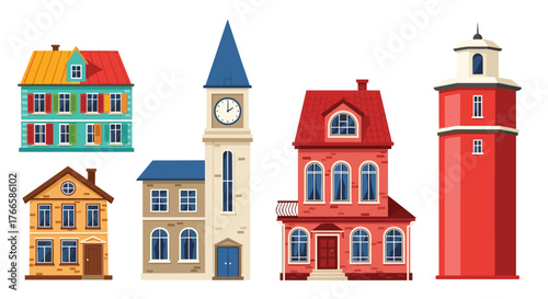 A collection of charming cartoon houses and buildings with vibrant colors and unique architectural styles.