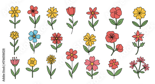 A collection of colorful, hand-drawn flowers with green stems and leaves on a white background.