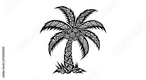 Tribal style black and white palm tree illustration with decorative patterns.