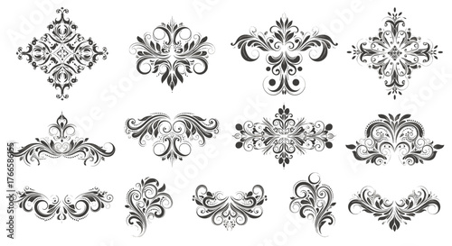 Collection of ornate vintage floral decorative elements and borders in dark gray.